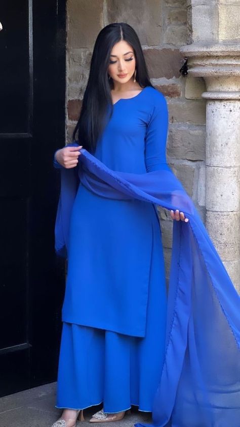 Suit With Plazo, Plain Indian Suits, Royal Blue Suits Women Indian, Gorget Kurti, Gorget Dress Design, Long Kurti With Plazo, Kurti Anarkali, Plazo Design, Simple Dress Casual