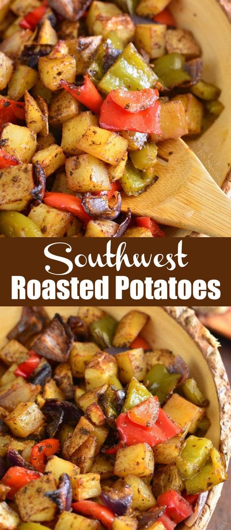 Breakfast Potatoes With Bell Peppers, Potatos Onions And Peppers Oven, Roasted Potatoes With Bell Peppers And Onions, Pepper Potato Recipe, Chicken Bell Pepper Potato Recipes, Potato Peppers Onions Bake, Meals With Red Onion, Red Potatoes Dinner Ideas, Meals With Green Bell Peppers