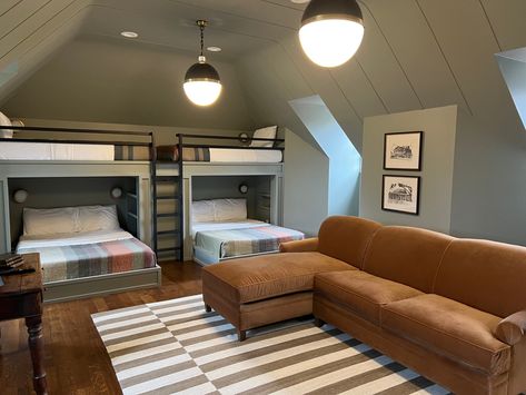 Bonus Room Bunk Beds, Bonus Bunk Room, Bunk Room Over Garage, Bunk Room Above Garage, Sloped Ceiling Bunk Beds, Bunk Bed Game Room, Basement Bunk Beds Built Ins, Built In Bunk Beds Slanted Ceiling, Attic Bunk Room Sloped Ceiling