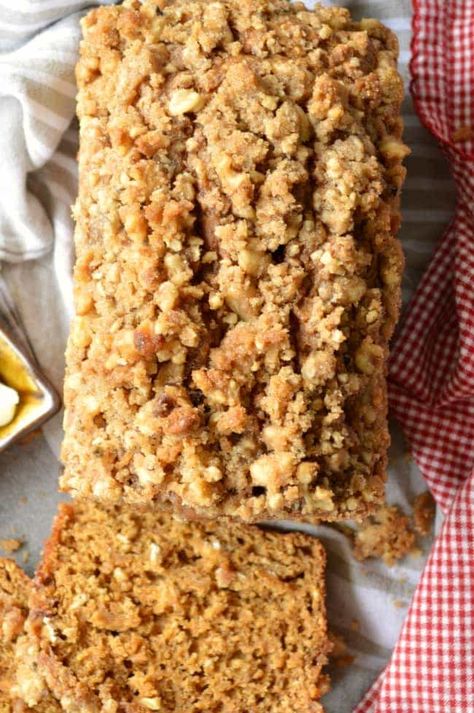 Healthy Sweet Potato Crunch Bread - Sugar Dish Me Sweet Potato Quick Bread, Fall Dinner Recipes Healthy, Sweet Potato Crunch, Fruit Breads, Sweet Potato Dessert, Healthy Sweet Potato, Sweet Potato Bread, Healthy Eating Breakfast, Vegetarian Thanksgiving