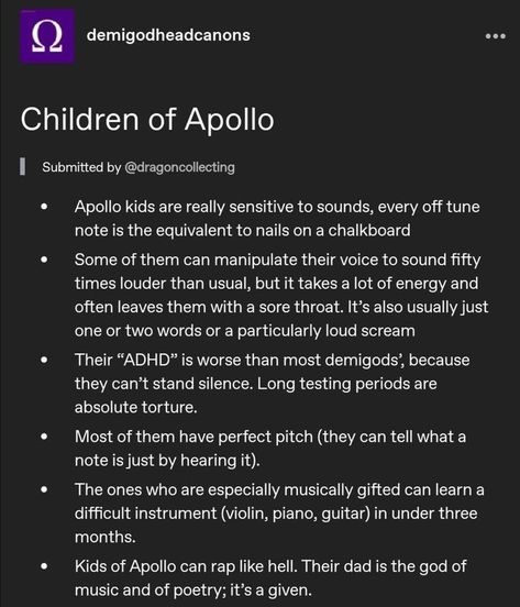 Cabin 7 Headcannons, Pjo Oc Ideas, Apollo Kids Headcanon, Chb Headcanons, Percy Jackson Apollo Cabin, Apollo Headcanon, Apollo Cabin Headcanons, Apollo And Icarus, Children Of Apollo