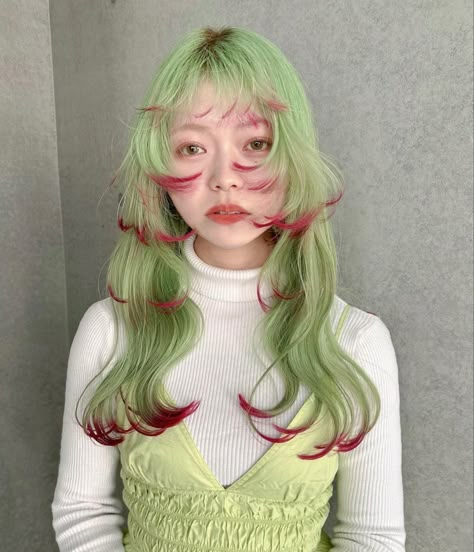 save/follow | green and red Ethereal Hair Color, Drag Make-up, Dyed Hair Inspiration, Hair Reference, Cool Hair, Hair Inspo Color, Dream Hair, Hair Art, Green Hair