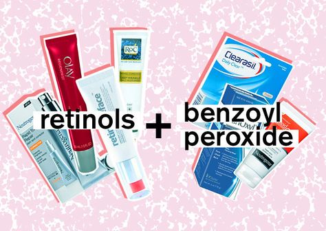 Retinols + Benzoyl PeroxideThese two ingredients have been shown to deactivate each other when they’re used together, according to Rouleau, who adds that “side effects could include peeling, redness, increased pigment and discoloration, and burning of the skin.” Dr. Thornfeldt says, “Benzoyl peroxide will damage pretty much any other anti-aging product out there.” What Not To Mix With Benzoyl Peroxide, Benzoyl Peroxide Skin Care Routine, Benzoyl Peroxide And Retinol, Retinol And Benzoyl Peroxide, Benzyl Peroxide Acne Skin Care, Benzoyl Peroxide, Diy Skin, Face Skin, Retinol