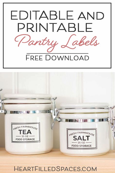 Update your kitchen pantry with these free editable and printable food storage labels. Designed to work with Avery Labels to save time and frustration, so you can focus on your organization project. #pantry #freeprintable #labels #freepantrylabels #pantryorganization #kitchenorganizing Free Labels Printables Editable, Kitchen Labels Printables Free Editable, Jar Labels Printable Free, Avery Labels Ideas, Cricut Pantry Labels Free Printables, Cricut Labels For Pantry, Labels For Pantry Containers, Pantry Labels Fonts, Pantry Labels Printable