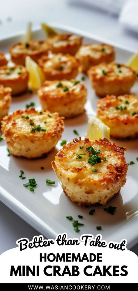 Mini crab cakes with garnish, an elegant holiday appetizer for family gatherings. Mini Crab Cakes Appetizers, Crab Cake Appetizer, Crab Cakes Recipe, Best Christmas Appetizers, Mini Crab Cakes, Christmas Appetizers Easy, Crab Cake Recipe, Christmas Appetizers Party, Elegant Appetizers