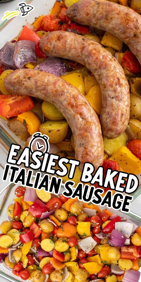 Baked Italian Sausage Hot Italian Sausage Recipes, Hot Sausage Recipes, Italian Sausage Casserole, Sweet Italian Sausage Recipes, Healthy Sausage Recipes, Baked Italian Sausage, Italian Sausage Recipe, Veggie Bake, Sausage Dinner