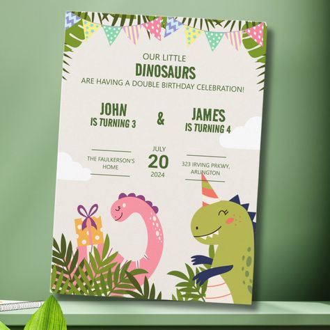 Cute Dinosaur Kids Double Birthday Celebration Double Invitation Birthday Parties, Cute Dinosaur Birthday, Dino Birthday Invitations, Birthday Celebration Invitation, Dino Party Invitation, Prehistoric Party, Dinosaur Printables, Dinosaur Invitations, Dinosaur Birthday Invitations