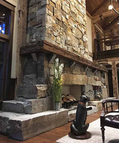 Dos and Don’ts of Rustic American Style - Mountain Living Pellet Stove Ideas Living Rooms, Wood Burning Stove Ideas, Pellet Stove Ideas, Rustic Stone Fireplace, Reclaimed Wood Mantel, Black Mantle, Stove Ideas, Cabin Fireplace, Masonry Fireplace