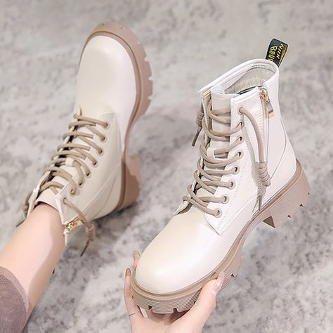 Beige Combat Boots For Women Platform Motorcycle Boots 2021 New Fashion Lace Up PU Leather Short Ankle Boots Female Designer Beige Combat Boots, Combat Boots For Women, Combat Boots Women, Winter Running Shoes, Couple Sneakers, Casual Shoes Women Flats, Boots Female, Short Ankle Boots, Mid Heel Boots