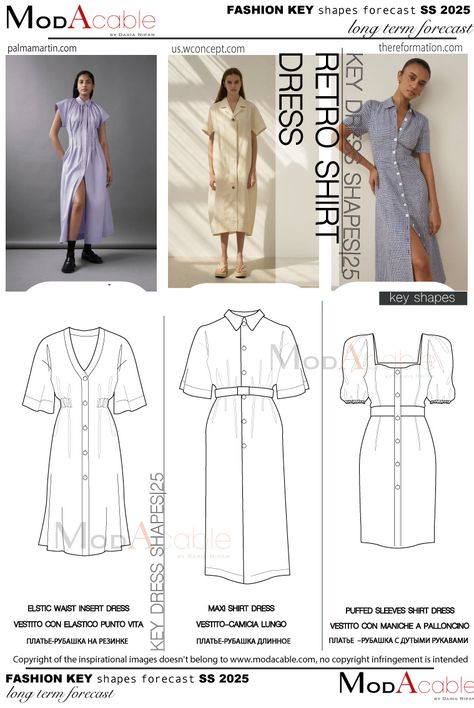 SS25 Retro shirt dress - ModaCable Summer Fashion For Women, Sketch Board, Trends 2025, Fashion Week 2024, Knitwear Trends, Fashion Trend Forecast, Fashion Silhouette, Color Board, Cool Outfit