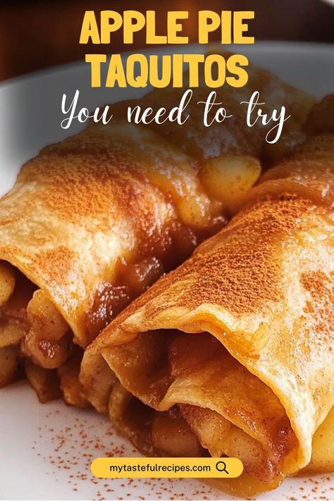 Craving apple pie? Try these scrumptious Apple Pie Taquitos! Filled with warm, spiced apples and baked to crispy perfection, they’re the perfect portable dessert for fall! Apple Taquitos, Apple Pie Taquitos, Apple Pie Tacos, Dessert For Fall, Portable Dessert, Creamy Pie, Apple Filling, Decadent Cakes, Spiced Apples