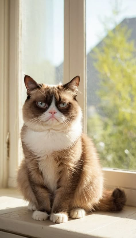 A classic grumpy cat pose, but with a touch of warmth. #grumpycat #cat #cute #funny Dogs Group Photo, Cute Grumpy Cat, Period Problems Funny, Crochet Bunny Patterns, Grump Cat, Pinterest Mom, Grumpy Cat Meme, Massage Marketing, Grumpy Cats