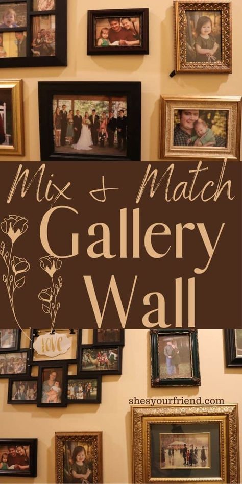 Do you have a bunch of pictures and wall art just laying in a box, needing a place to hang them? If so, then a mix and match picture gallery wall is the perfect thing for you! #gallerywall #hallwaygallerywall #mixmatchgallerywall #homedecor #pictureframes Picture Wall Ideas Mismatched Frames, Mix And Match Frames On Wall, Mix And Match Gallery Wall, Family Picture Wall Ideas Hallways, Hallway Picture Wall Ideas, Gallery Wall Mixed Frames, Hallway Picture Display, Hanging Family Pictures, Picture Groupings