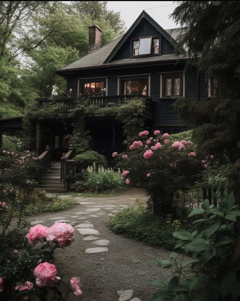 Dark Academia Cottagecore House Exterior, Dark Coquette House Exterior, Goth Ranch House, Grunge Houses Exterior, Gothic Cottage Core House, Earthy House Aesthetic Exterior, Dark Cottagecore Exterior, Modern Witch House Exterior, Cottagecore Meets Goth