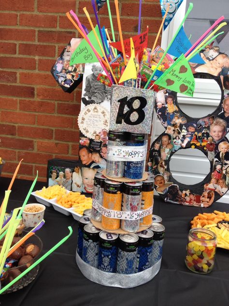 Energy Drink Tower bursting with Sweets😊 18th Birthday Drinks For 18th Birthday Party, Birthday Tower Ideas, 21st Birthday Drink Tower, 18th Birthday Party Ideas Drinking, Energy Drink Cake Tower, 18th Birthday Alcohol Gift Ideas, Soda Can Cake Tower Diy Birthday Gifts, Cake Tower, Drink Gift