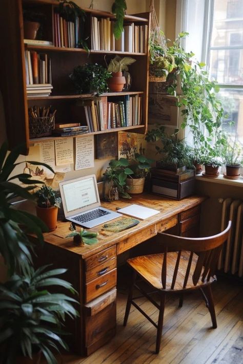 "Elevate your home office with sustainable practices! 🌿💻 A Sustainable Home Office Design not only looks great but also supports a healthier planet. 🌍✨ #GreenLiving #SustainableStyle #HomeOfficeIdeas" Cozy Office Space Ideas, Work From Home Office Cozy, Home Office Earthy, Cozy Home Studio, Cozy Cottage Office, Earthy Workspace, Writer Home Office, Wall Behind Desk Ideas, Cottagecore Workspace