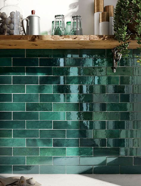 12 Green Kitchen Tiles For A Serene Splashback | Making Home Green Subway Tile, Green Tiles, Metro Tiles, Kitchen Splashback, Kitchen Fireplace, Kitchen Wall Tiles, Green Tile, Outdoor Tiles, Ceramic Wall Tiles