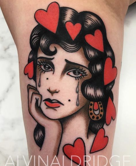 Tradition Woman Tattoo, Trad Girl Tattoo, Pin Up Girl Tattoos For Women, American Traditional Pin Up Girl, Lady Head Tattoo Traditional, Traditional Women Tattoo, Black And Red Traditional Tattoo, Traditional Tattoo Girl Head, Classic Tattoo For Women