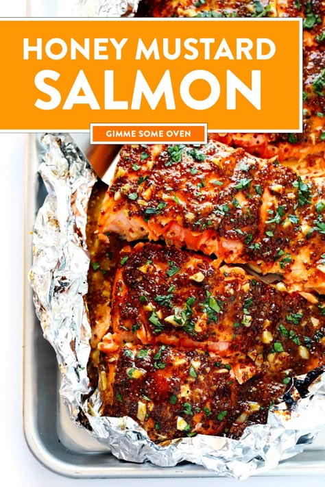 LOVE this 30-Minute Honey Mustard Salmon recipe! It's made with the best garlic honey mustard sauce, it's easy to make baked in the oven or grilled, it's also naturally gluten-free. A great healthy dinner idea! | gimmesomeoven.com #salmon #baked #grilled #honeymustard #glutenfree #dinner #healthy Salmon Recipes Mustard, Mustard Salmon Recipes, Honey Mustard Salmon Recipes, Salmon Ideas, Salmon In Foil Recipes, Salmon Baked, Honey Mustard Salmon, Salmon In Foil, Homemade Honey Mustard