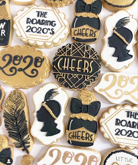 Roaring 20s Cookies Decorated, Roaring 20s Cookies, 1920s Cookies, Great Gatsby Party Food, Gatsby Party Food, 1920s Party Food, Gatsby Cookies, Harlem Nights Theme, Nye 2024