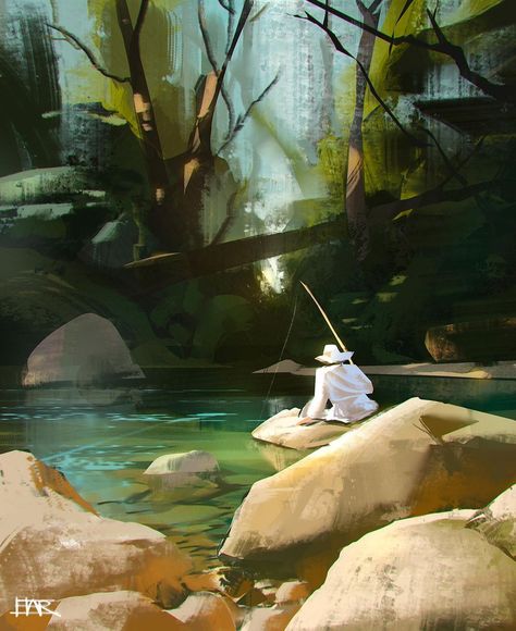 Robin Har on Instagram: “Secret pond fishing. Quick study of something peaceful.” Fish Pond Painting, Pond Digital Art, Garden Pond Painting, Man Fishing Painting, Frog In Pond Painting, This Moment, Digital Painting, Fish, In This Moment