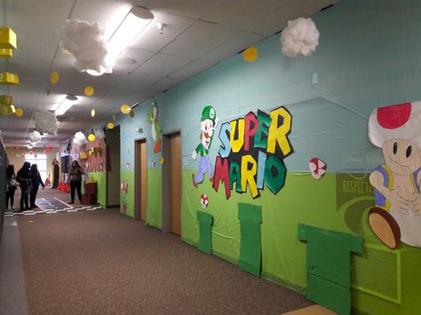 Homecoming Super Mario Hallway Mario Homecoming Theme, Mario Kart Hallway Decorations, Video Game Spirit Week, Mario Hallway Theme, Mario Cart Hallway Decorations, Super Mario Hallway Decor, Mario Hallway Decorations, Super Mario School Theme, Hallway Decorating School Homecoming