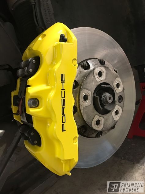 Powder Coating: Automotive,Brakes,Brake Calipers,Porsche,Electric Yellow PSS-2834,Custom Brake Calipers Brake Caliper Paint Ideas, Porsche Electric, Porsche 986, Honda Civic 2005, Caliper Paint, Custom Porsche, Kia Stinger, Rims And Tires, Yellow Car