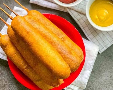 Learn more about Vegan Corn Dogs from SideChef! Pogo Recipe, Vegan Corn Dogs, Corn Dogs Recipe, Carnival Snacks, Edgy Veg, Corndog Recipe, Flag Food, Cooking App, Corn Dog