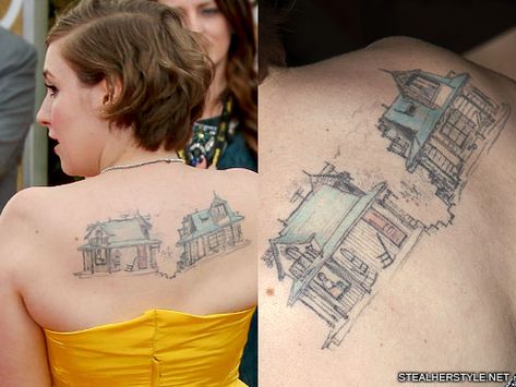 Lena Dunham House Upper Back Tattoo | Steal Her Style Literature Tattoos, Tattoo House, Brooklyn Tattoo, Upper Back Tattoos, Lena Dunham, Home Tattoo, Tattoo Meaning, Back Tattoos, Tattoos With Meaning