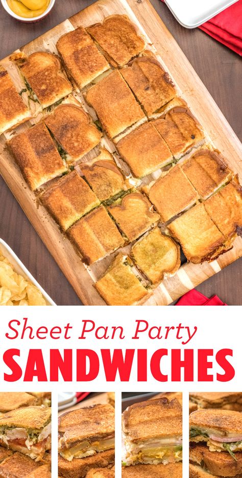 Sheet Pan Party Sandwiches: If you’re looking for variety, you’ll find it with these Sheet Pan Party Sandwiches! Give your guests plenty of options with 4 different sandwich styles including Muenster cheese, turkey, avocado and honey mustard; apple butter,  Cheddar cheese, ham and green apple; pesto, Mozzarella, turkey and tomatoes; and finally Swiss cheese, ham, arugula and chipotle mayo all on Sara Lee Butter Bread. Sheet Pan Sandwich Recipes, Party Sandwiches Make Ahead, Cold Sandwiches For A Crowd, Sheet Pan Sandwiches, Finger Sandwiches For A Crowd, Sandwich For A Crowd, Party Sandwiches Recipes, Avocado And Honey, Sandwich Spreads