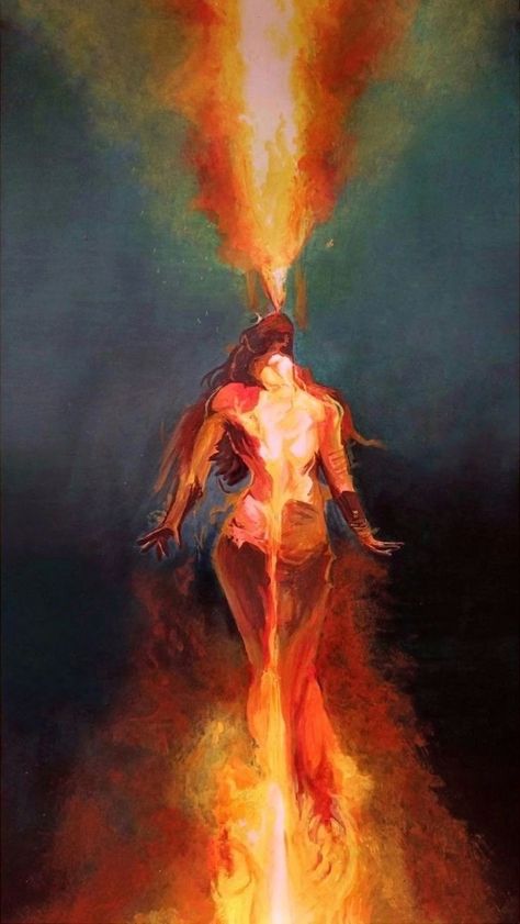 Fairy Rockstar Aesthetic, Passion In Art, Woman On Fire Painting, Woman On Fire Aesthetic, Woman On Fire Art, Woman Made Of Fire, Burned Out Art, Power In Art, Man On Fire Art