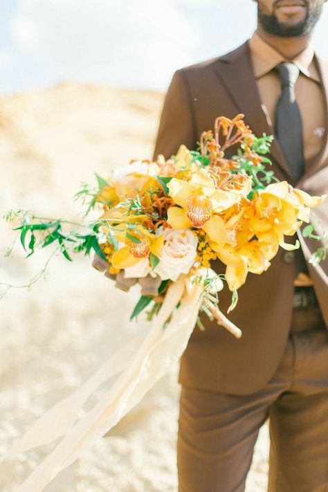 Yellow And Brown Wedding, Brown Wedding Theme, Brown Wedding Themes, Yellow Wedding Colors, Southwestern Wedding, Yellow Wedding Inspiration, Yellow Bouquets, Orchid Bouquet, Mens Fashion Wedding