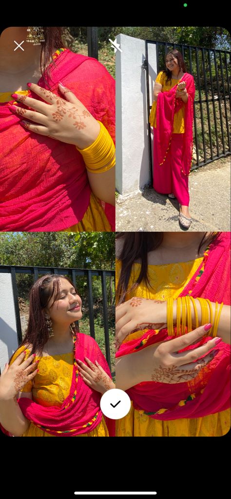 Haldi Asthetic Pictures, Haldi Layout Ideas, Haldi Story Ideas, Haldi Aesthetic Photos, Pose For Traditional Wear, Haldi Aesthetic, Navratri Photos, Haldi Pics, Lehnga Photoshoot Poses