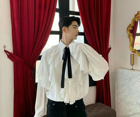 Unique Prom Outfits For Guys, Ruffle Shirt Outfit, Korean Prom, Victorian Mens Clothing, Prom Outfits For Guys, Prince Clothes, Groom And Groomsmen Attire, Ordinary Girls, Fashion Suits For Men