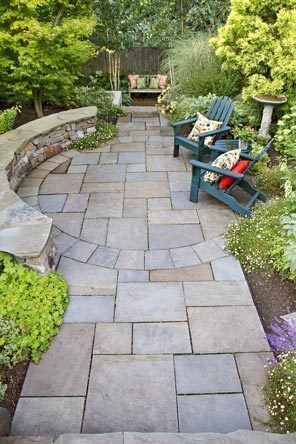 More random-laid paving which is what we're planning for your paths around the house.  Ignore the circular feature! Paving Ideas, Backyard Garden Layout, Stone Steps, Tiny Garden, Garden Paving, Garden On A Hill, Stone Patio, Stone Walkway, Side Garden