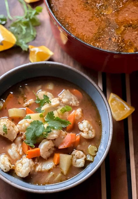 Mexican Fish Soup (Caldo de Pescado) Fish Soup Recipe Mexican, Mexican Fish Soup, Mexican Seafood Soup, Fish Soup Recipe, Mexican Fish, Mexican Seafood, Fresh Tortillas, Fish Dinner Recipes, Homemade Mexican