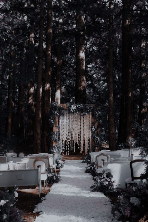 Wedding Themes Dark, Dark Wedding Venues Outdoor, Wedding Ideas Twilight, Outdoor Dark Wedding, Forest Wedding Black, Black Forest Wedding Theme, Dark Fantasy Wedding Aesthetic, Wedding Gothic Romantic, Dark Fall Wedding Aesthetic