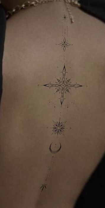 Back Tattoo Women Stars, Constellation Tattoo Spine, Spine Star Tattoo, Star Tattoo Spine, Star Spine Tattoos For Women, Spiritual Back Tattoos For Women, Back Tattoos Women Spine, Star Spine Tattoo, Celestial Spine Tattoo