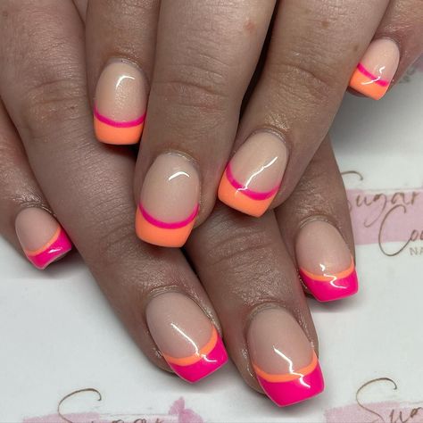 French Manicure With Orange Tips, Orange And Pink French Tip Nails, Neon Orange Nails French Tip, Neon Orange French Tips, Pink French Tips With Orange Line, Orange Nail Tips French Manicures, Pink And Orange French Tip Nails, Coral French Tip Nails, Bright French Tip Nails