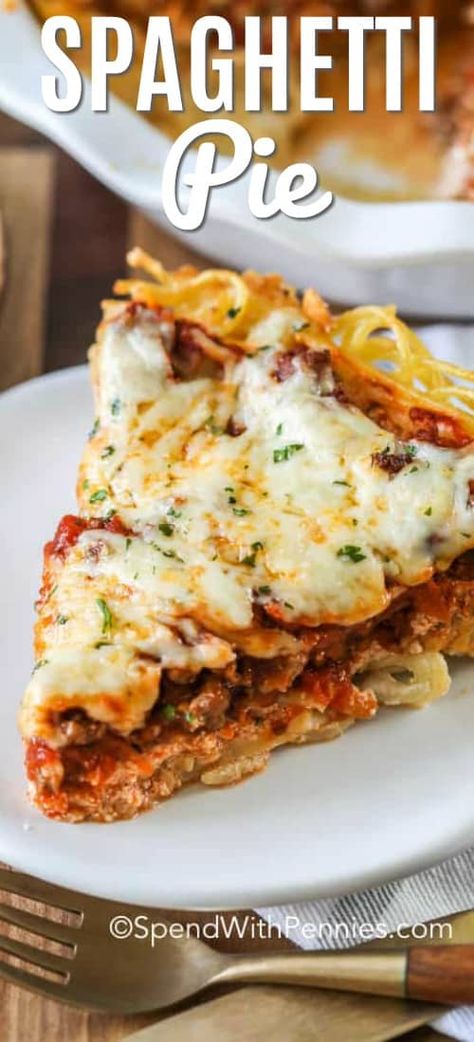 We love making this easy homemade spaghetti pie recipe for potlucks or weeknights. It's made in the oven with meat sauce, ricotta, and other delicious ingredients then baked to perfection! #spendwithpennies #spaghettipie #spaghetti #bakedspaghetti #spaghettipierecipe #italianspaghettipie #italian #pasta Spaghetti Pie Recipe Easy, Spaghetti Pie Recipe, Spaghetti Pie Recipes, Spaghetti Pie, Homemade Spaghetti, Easy Pie Recipes, Baked Spaghetti, Potluck Recipes, Goulash