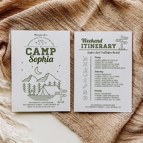 Camp Bachelorette Party Itinerary Camping Invitation Glamping Bachelorette, Glamping Bachelorette Party, Camp Bachelorette Party, Camping Invitations, Camping Bachelorette, Summer Camp Themes, Party Itinerary, Glamping Cabin, Bachelorette Party Itinerary