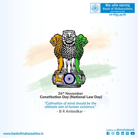 26th November Constitution Day (National Law Day) #NationalLawDay #MahaBank #BankOfMaharashtra 26 November Constitution Day, National Law Day, National Constitution Day, Buddha Sayings, Indian Constitution Day, Jay Bhim, Babasaheb Ambedkar, Social Studies Notebook, American History Lessons