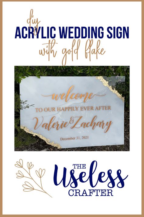 Gold flakes, a beautiful font, acrylic … perfect for a wedding sign 🍾🎊🎉 DIY Wedding Acrylic Sign - it’s so easy with a drawn out template underneath! Add the gold flakes and paint - which would be almost impossible to mess up… you have a beautiful wedding sign … or graduation sign…or party sign. Wedding Sign Acrylic Paint, Wedding Welcome Sign Acrylic Paint Diy, Gold Leaf Wedding Decor, Acrylic Sign Painted Back, Acrylic Wedding Signs Gold Foil, Gold Leaf On Acrylic Sign, Welcome Acrylic Wedding Sign, Gold Leaf Wedding Sign, Gold Foil On Acrylic Sign