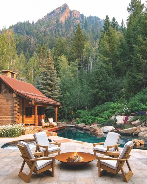 A Sublime Alpine Backyard Makeover - Mountain Living Mountain Living Magazine, Cabin Backyard, Workshop Architecture, Backyard Cabin, Backyard Upgrades, Living Pool, Rustic Backyard, Outside Room, Big Backyard