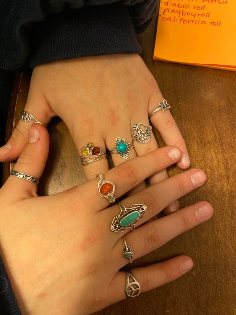 Gold Hippie Rings, Rings On Every Finger, Hippie Rings Aesthetic, Vintage Rings Aesthetic, Artsy Rings, Hippy Rings, Rings Aesthetic Vintage, Indie Rings, Colourful Rings