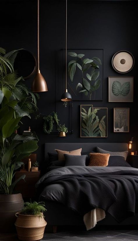 Black Feature Wall Ideas: Enhance your home decor with a black feature wall to create a sophisticated atmosphere. Learn how to to balance it with lighter elements. Rustic Wall Decor Ideas, Modern Gothic Bedroom, Cozy Eclectic Living Room, Moody Bedrooms, Moody Living Room, Cheap Couch, Black Feature Wall, Urban Wall, Urban Wall Art