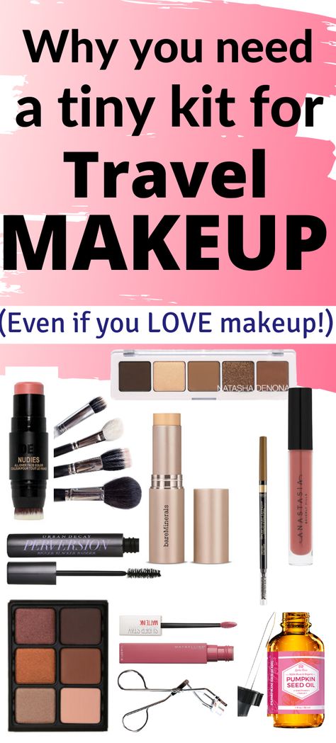 Travel Make Up Kit, Make Up Travel Hacks, Car Makeup Kit, Best Makeup For Travel, Compact Travel Makeup Kit, Make Up For Traveling, Minimal Travel Makeup, Makeup Travel Hacks, How To Pack Makeup For Travel