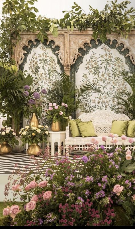 Mehendi Decor Luxury, Sangeet And Engagement Decor, Outdoor Wedding Decor Indian, Pink And Green Indian Wedding, Indian Garden Party, Garden Mehendi Decor, Indian Marquee Decor, Mehendi Party Ideas, Sangeet Event Decor