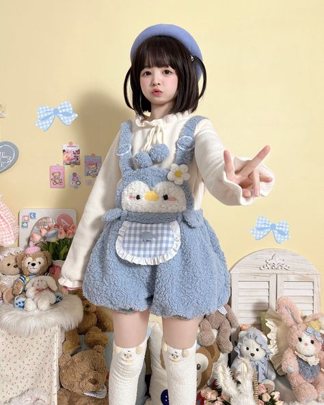 Super cute winter fleece overall shorts and skirts! 🐤🐇🧸 Now available for preorder. Find them here: https://www.devilinspired.com/to-alice 🐧 Stay tuned, the penguin version is coming soon! #kawaii #cutecore #kawaiifashion #cuteclothes Kawaii Winter Outfits, Kawaii Overalls, Kawaii Winter, Kawaii Cutecore, Blue Outfits, Kitty Items, Animation Art Character Design, The Penguin, Hello Kitty Items