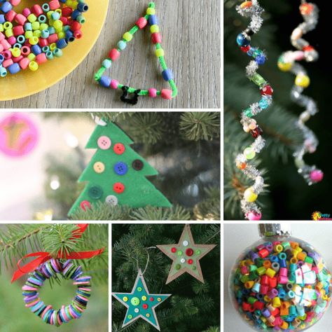 15 Easy Christmas Ornaments for Toddlers - Toddler Approved Outdoor Christmas Tree Ornaments Kids, Easy Prek Christmas Ornaments, Bead Christmas Ornaments Diy Kids, Christmas Ornament Crafts Toddler, Easy Ornaments For Toddlers To Make, Toddler Tree Ornament Craft, Ornament Toddler Craft, Toddler Christmas Tree Decorations, Kid Craft Christmas Ornaments